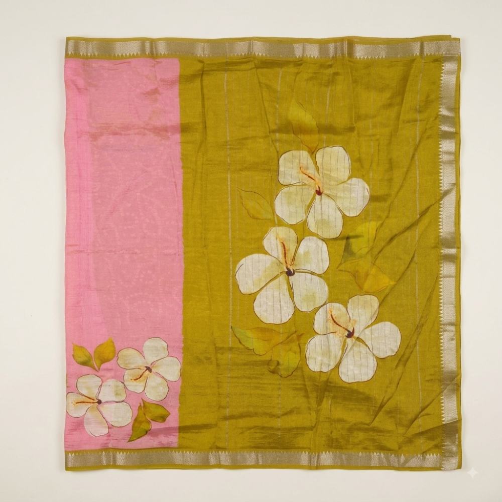 Pastel Pink & Olive Green Hand-Painted Style Floral Mangalagiri Silk Cotton Saree
