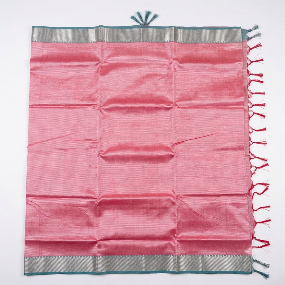 Graceful Soft Pink Handloom Mangalagiri Silk Cotton Saree with Silver Zari 100 Border & Teal Piping