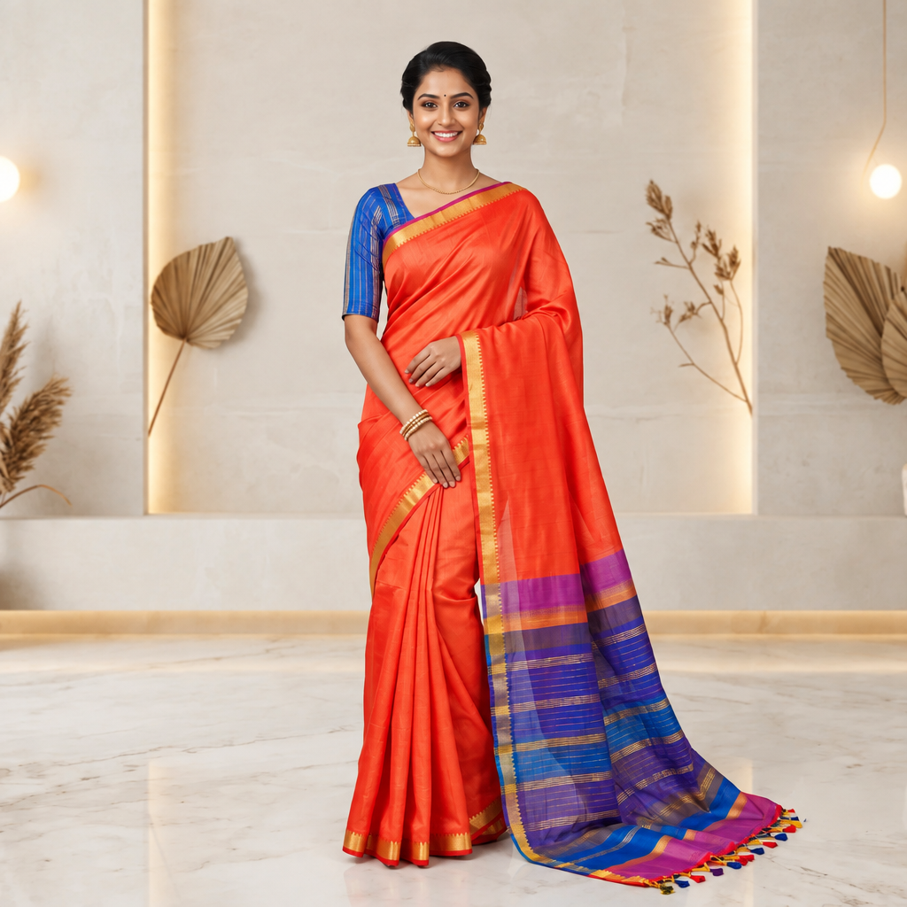 Vibrant Red & Purple-Blue Handloom Mangalagiri Silk Cotton Saree with Golden Zari 50 Border