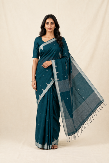 Mul Cotton Saree – Teal Blue color