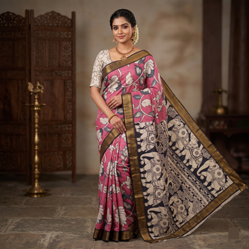 Rose Pink Mangalgiri - Kalamkari Digital Print Silk Cotton Saree
