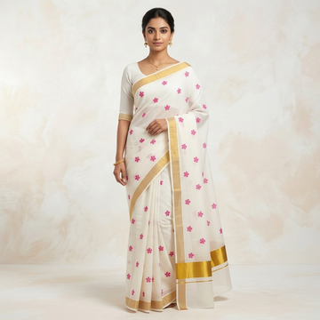 Off-White Handloom Pure Cotton Saree with Pink Floral Motifs and Golden Zari Border