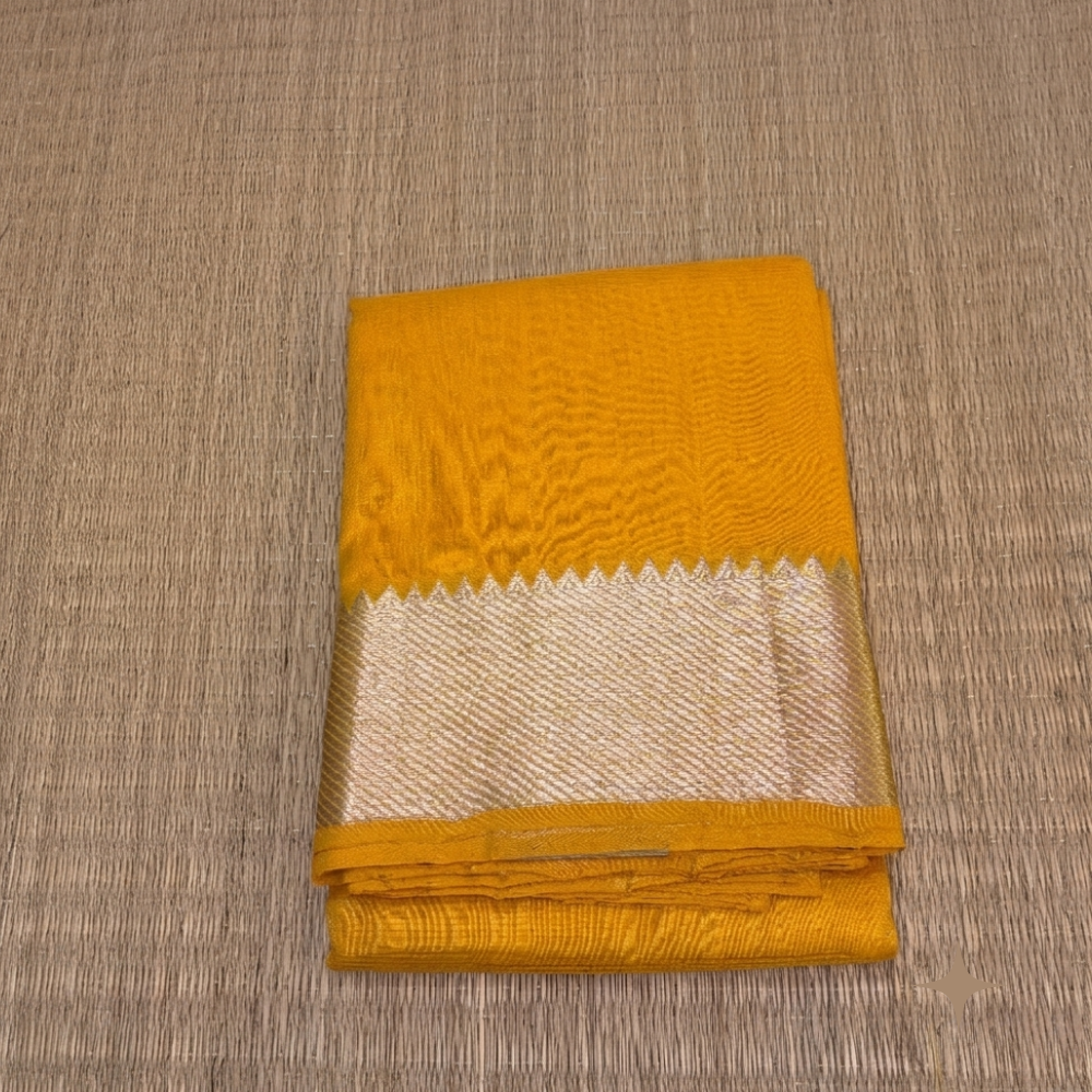 Radiant Mustard Yellow Handloom Mangalagiri Silk Cotton Saree with Silver Zari 50/150 Border