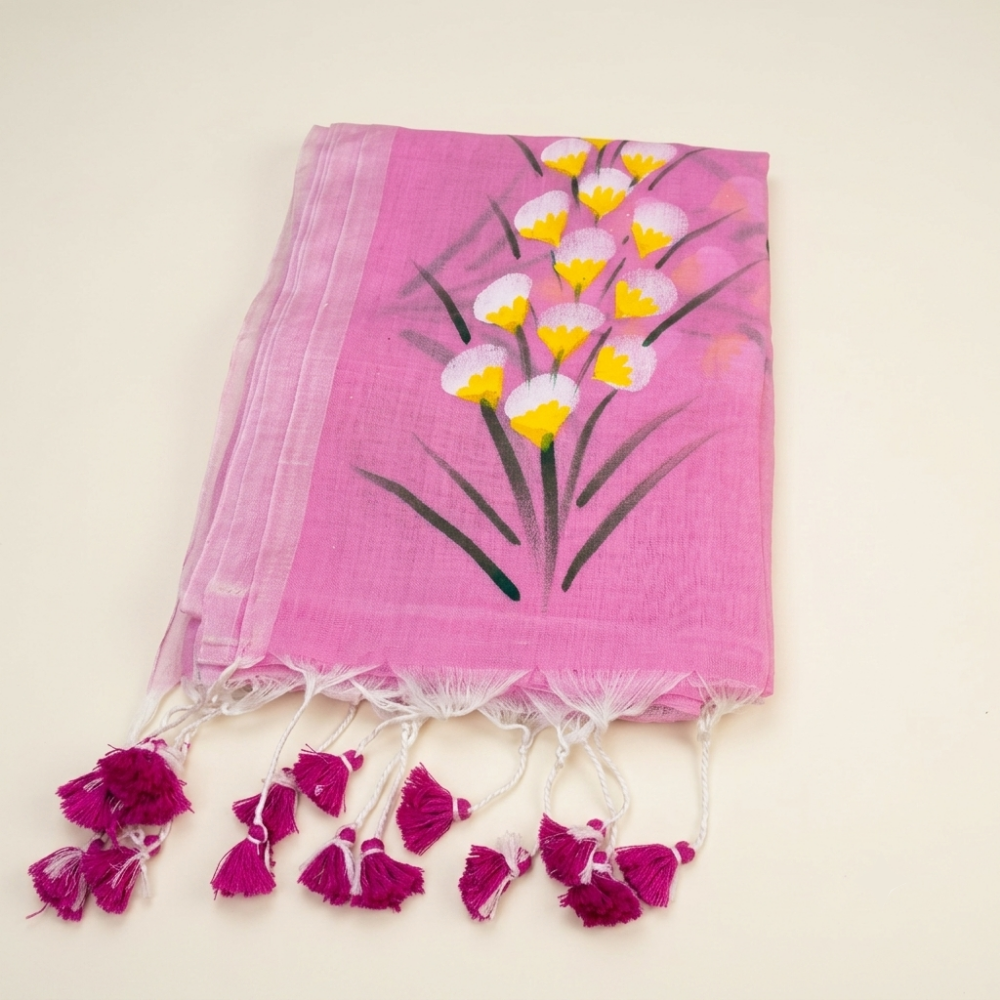 Blush Pink Handloom Hand-Painted Floral Mul Cotton Saree