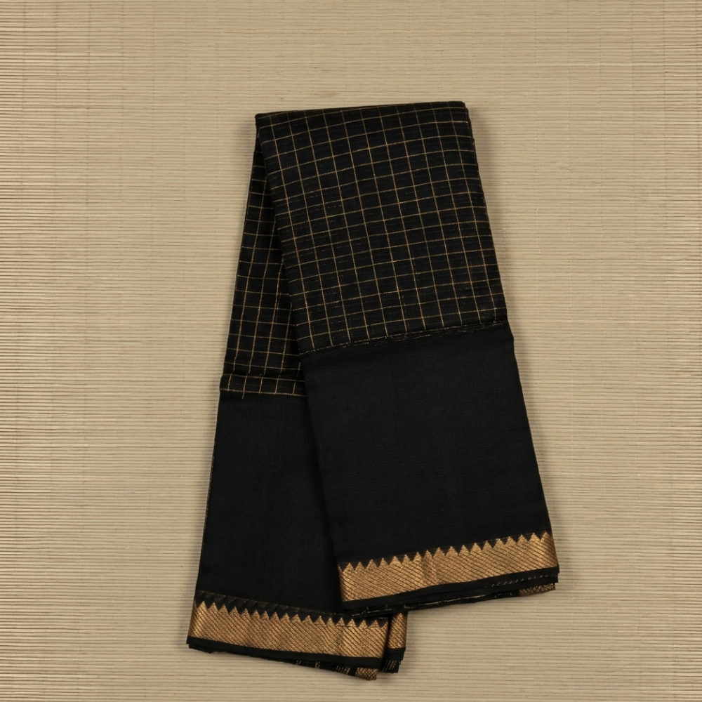 Black Colour Mangalgiri Silk Cotton Checked Sarees