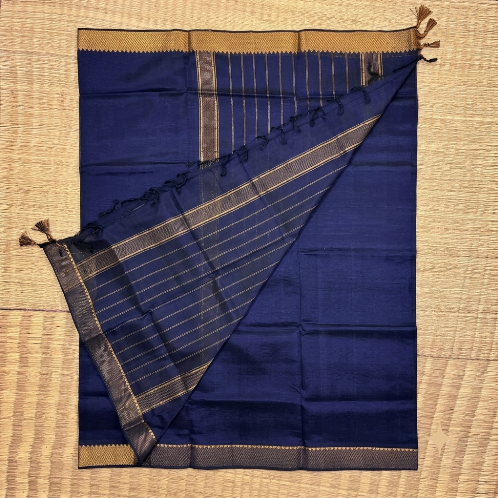 Title:  Royal Navy Blue Handloom Mangalagiri Silk Cotton Saree with Golden Zari 100 Border