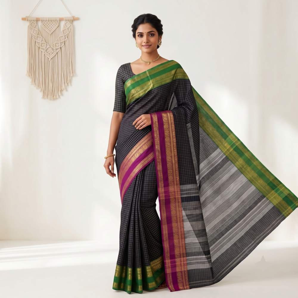 Black Handloom Ganga Jamuna Border Kanchi Cotton Checked Saree