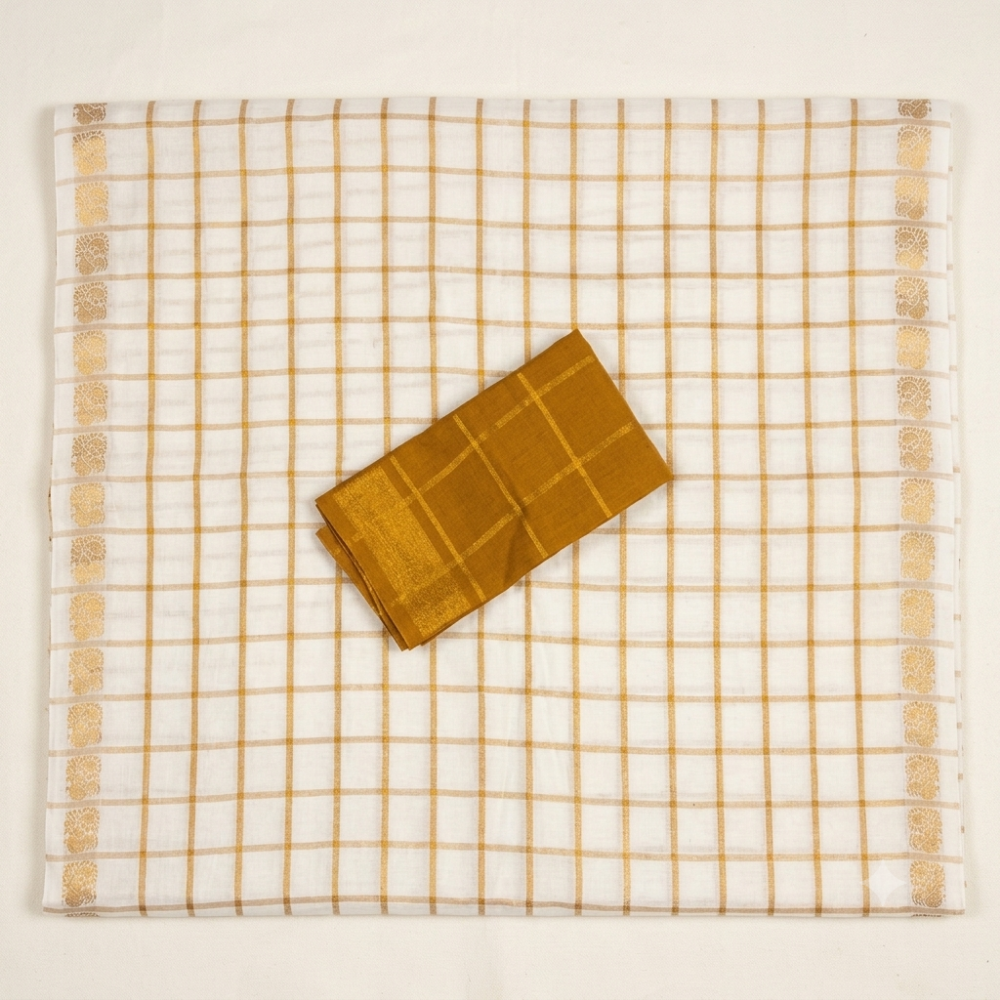 Off-White Handloom Sungudi Cotton Saree with Zari Grid Checks and Traditional Motif Border