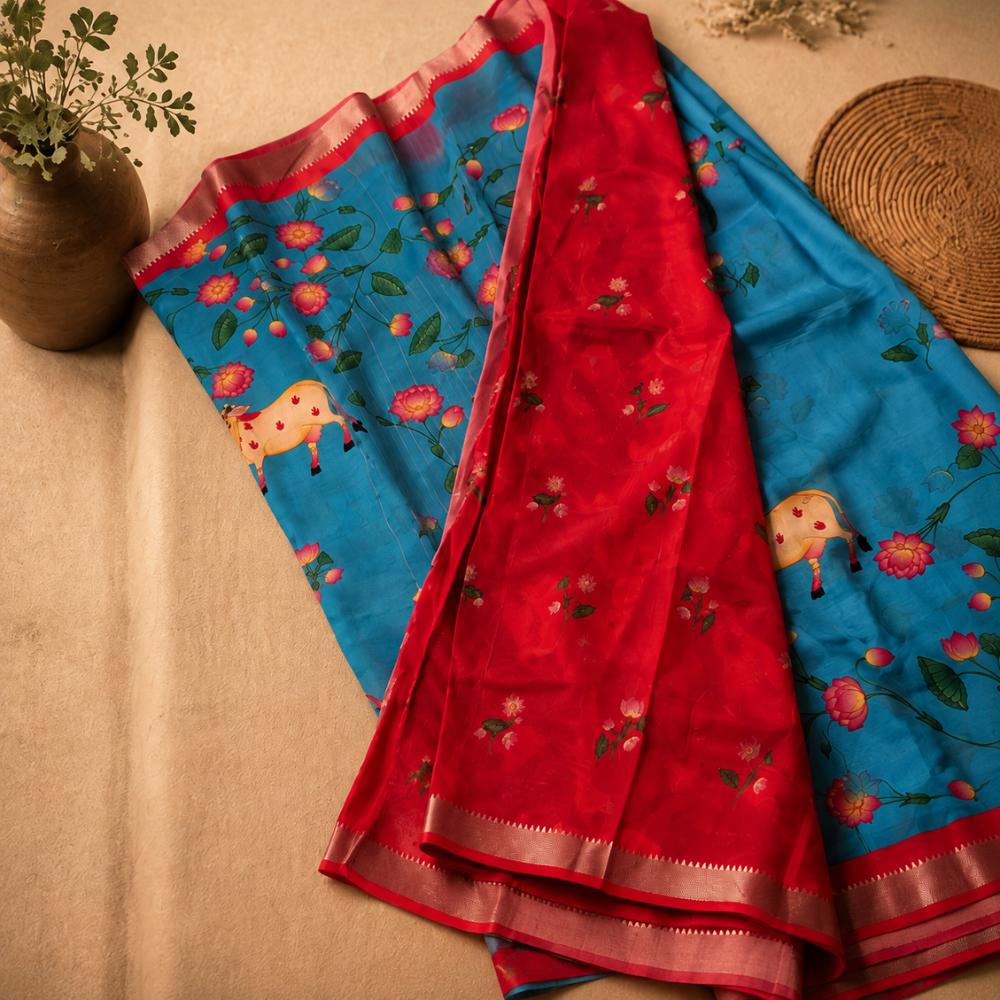 Sky Blue & Coral Red Pichwai Cow & Lotus Digital Print Mangalagiri Silk Cotton Saree