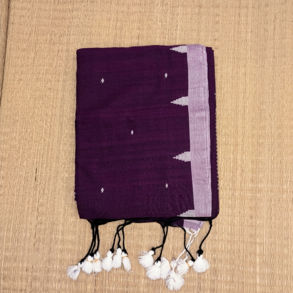 Deep Plum & Silver Accent Handloom Mul Cotton Saree
