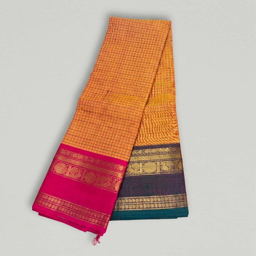 Bright Orange & Magenta Handloom Kanchi Cotton Checked Saree