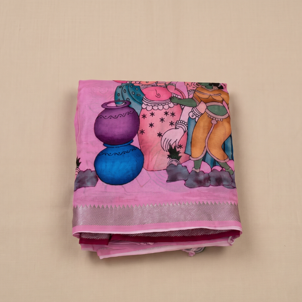 Baby Pink & Wine color Digital Print Mangalagiri Silk Cotton Saree