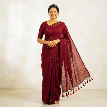 Deep Maroon Handloom Cotton Saree with Gini work and Tassels