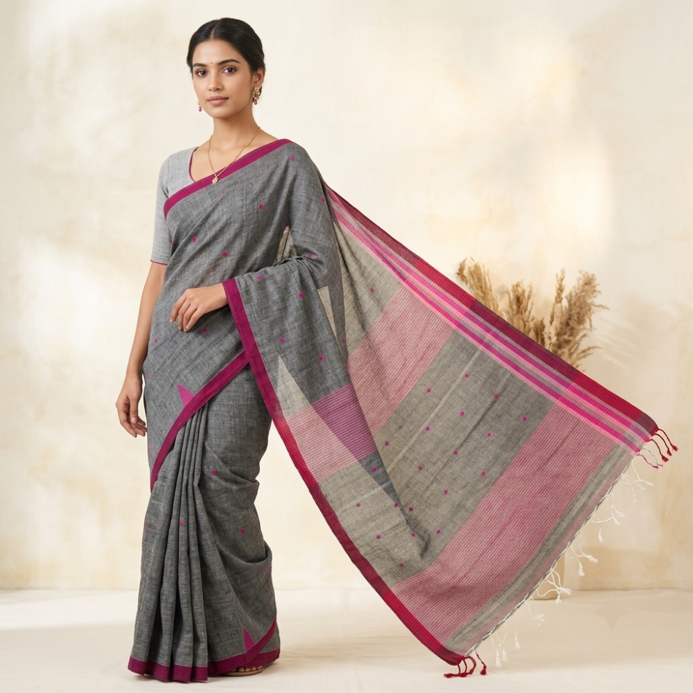 Deep Plum & Silver Accent Handloom Mul Cotton Saree