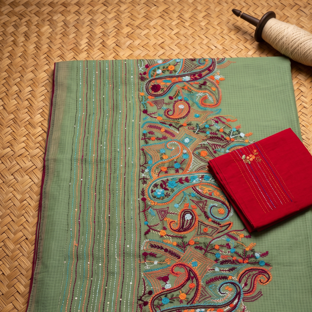Green Kota Cotton Embroidery Saree