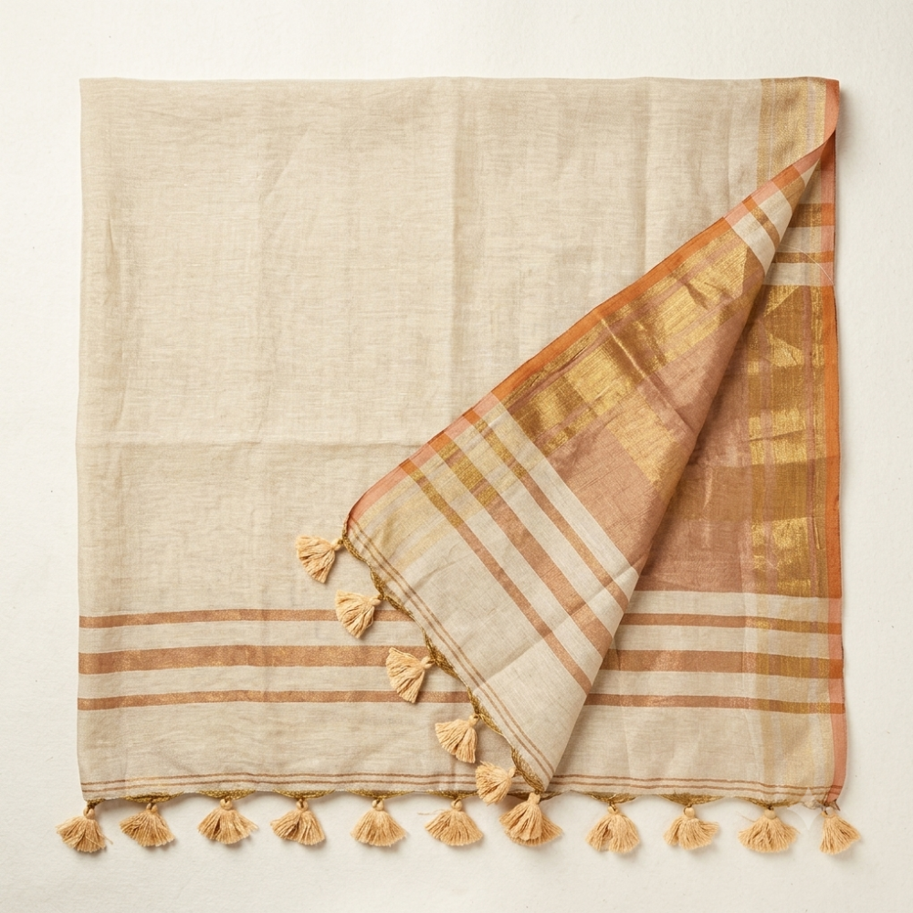 Beige Handloom Linen Cotton Saree with Metallic Zari Stripes and Copper Border