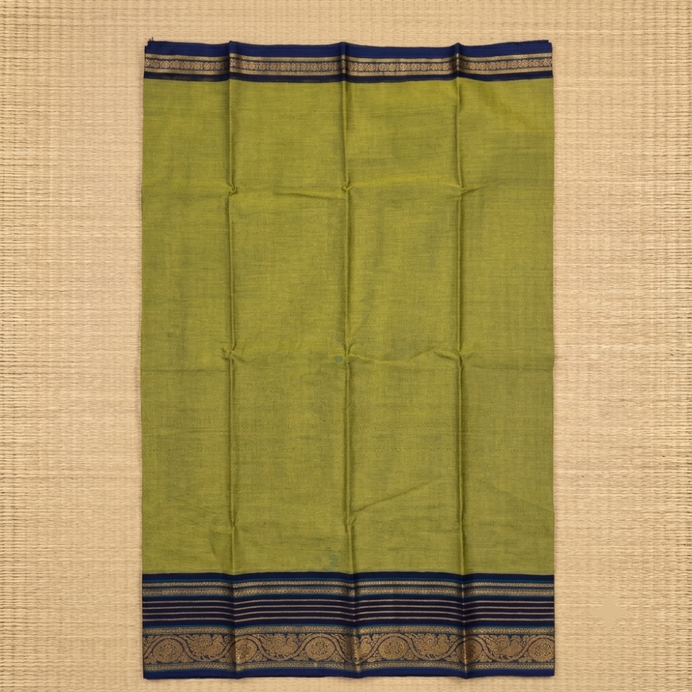 Olive Green & Indigo Zari Border Handloom Kanchi Cotton Saree