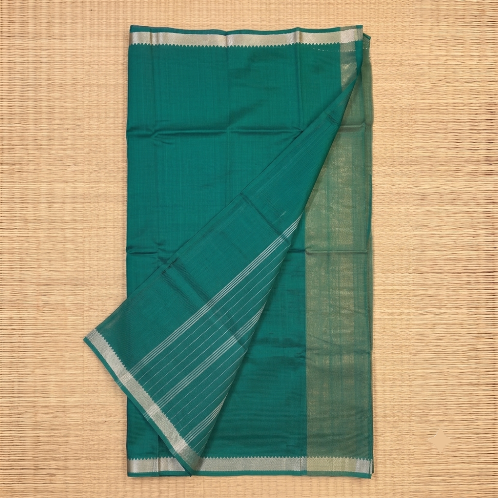 Regal Emerald Green Handloom Mangalagiri Silk Cotton Saree with Silver Zari 50 Border