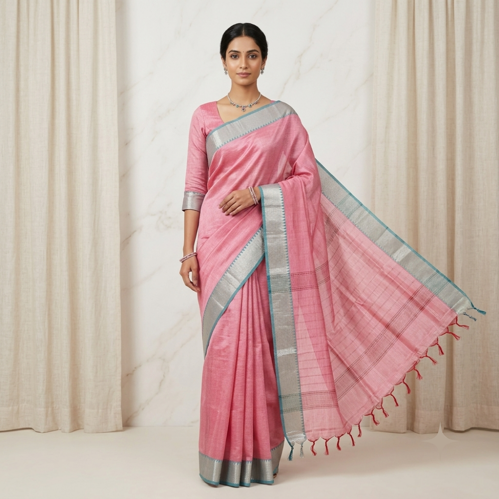 Graceful Soft Pink Handloom Mangalagiri Silk Cotton Saree with Silver Zari 100 Border & Teal Piping