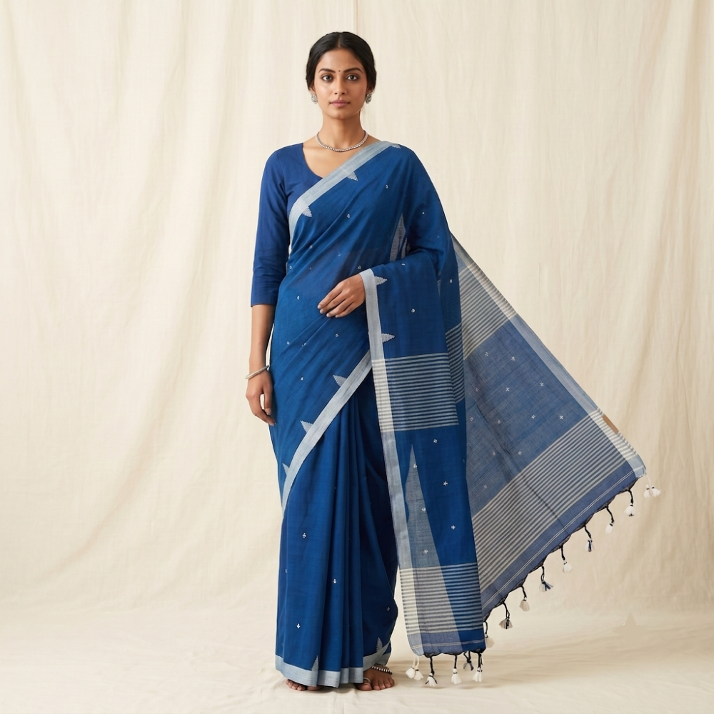 Deep Plum & Silver Accent Handloom Mul Cotton Saree