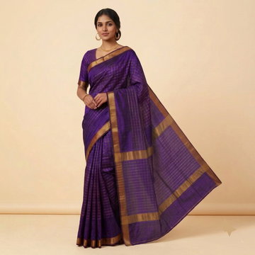 Purple Colour Mangalgiri Silk Cotton Checked Sarees