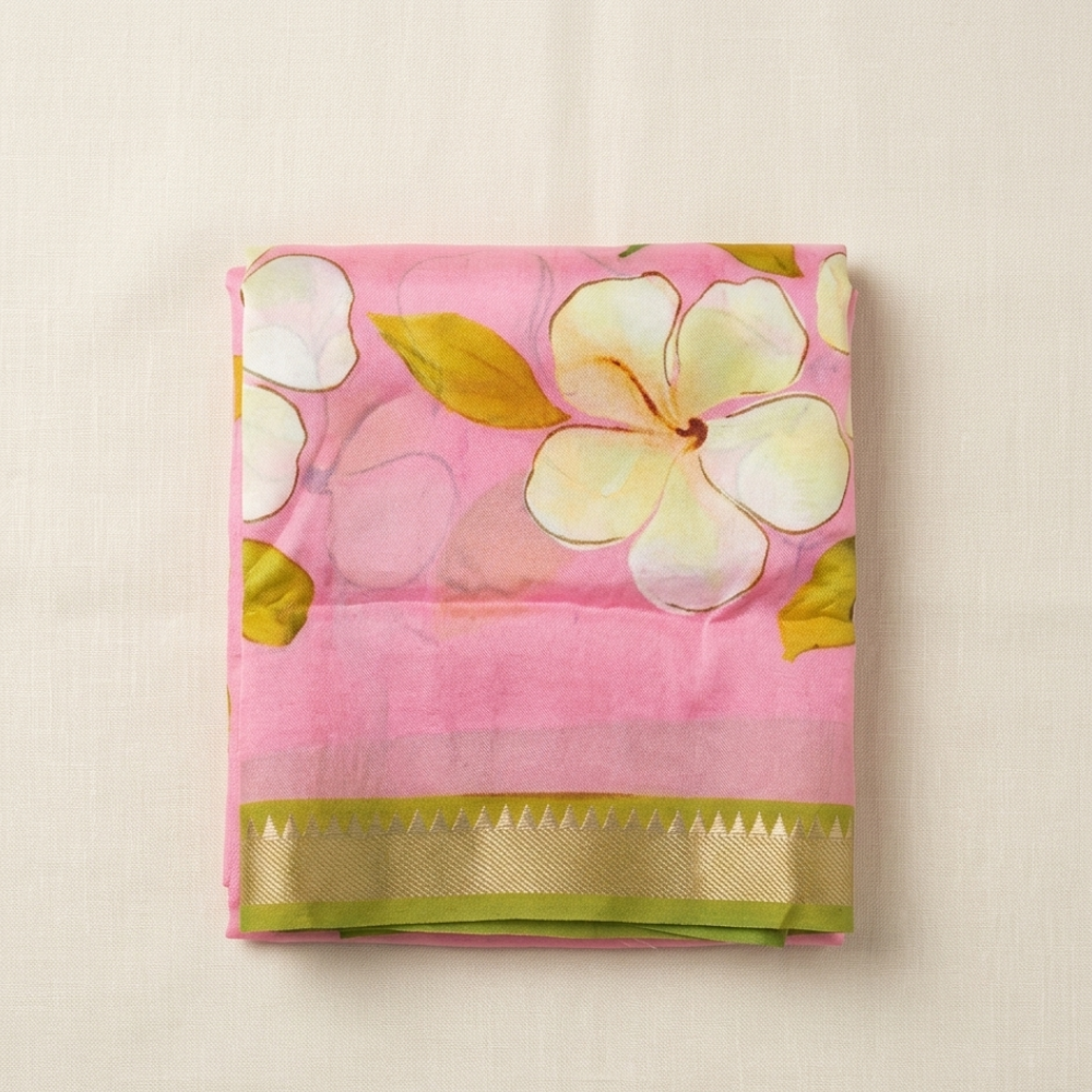 Pastel Pink & Olive Green Hand-Painted Style Floral Mangalagiri Silk Cotton Saree
