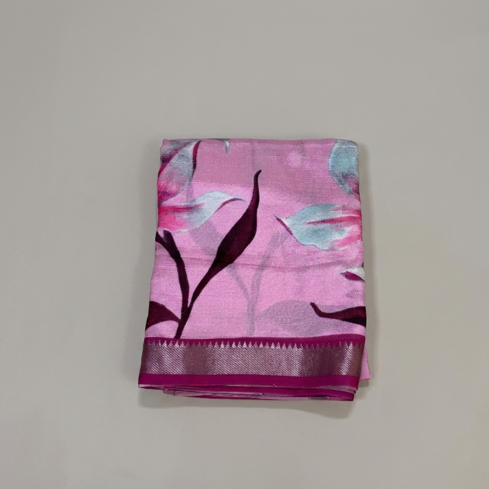Blush Pink & Deep Wine Hand-Painted Style Lily Floral Mangalagiri Silk Cotton Saree