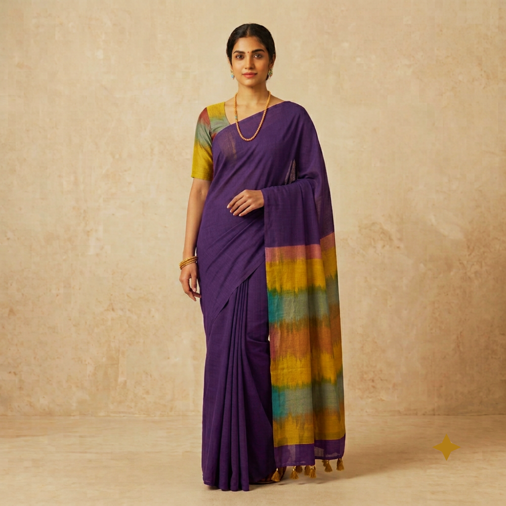 Deep Purple Handloom Mangalagiri Silk Cotton Saree with Multicolored Ikat Pallu