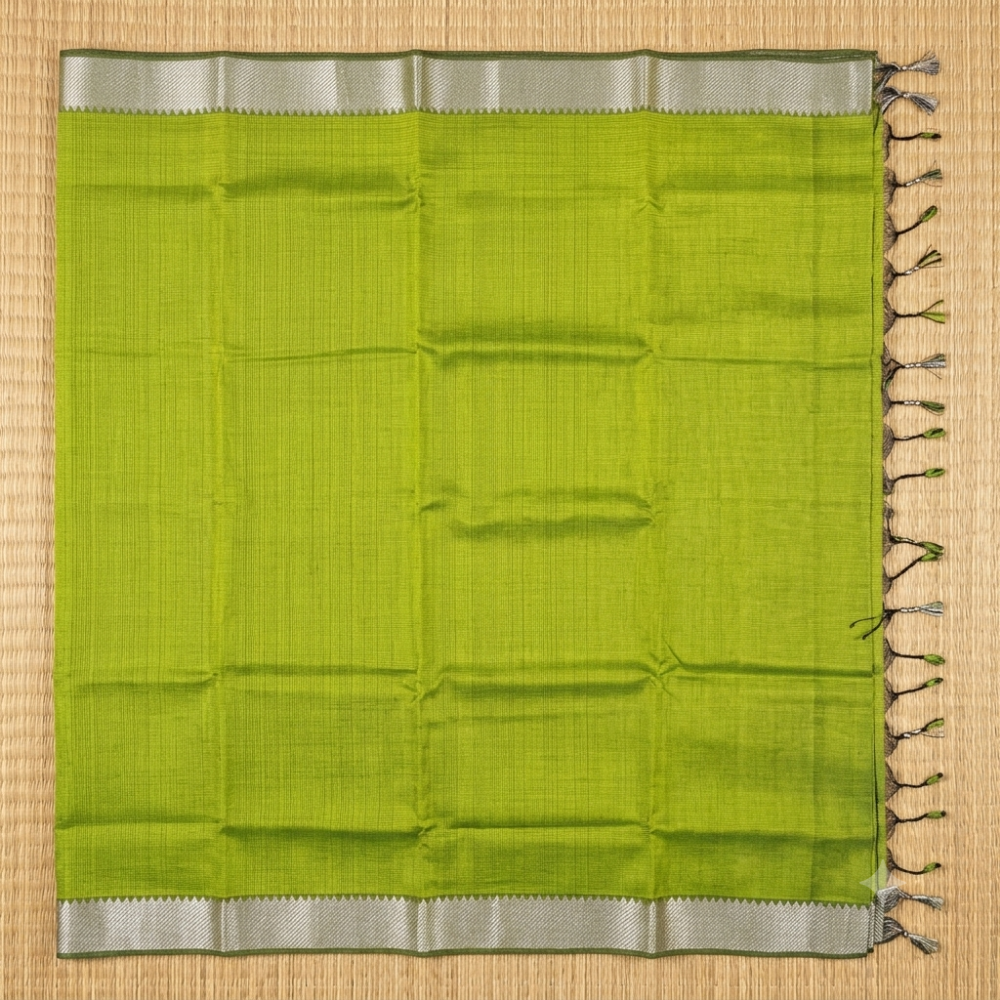 Vibrant Lime Green Handloom Mangalagiri Silk Cotton Saree with Silver Zari 100 Border
