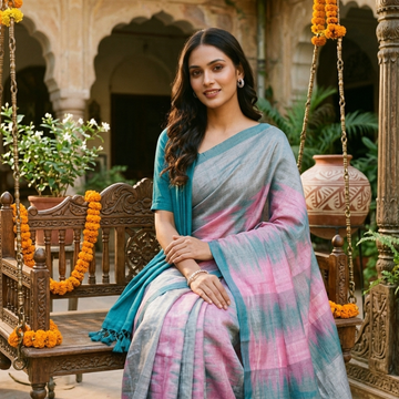 Teal blue & Soft Pink Dual-Tone Mangalagiri Silk Cotton Saree