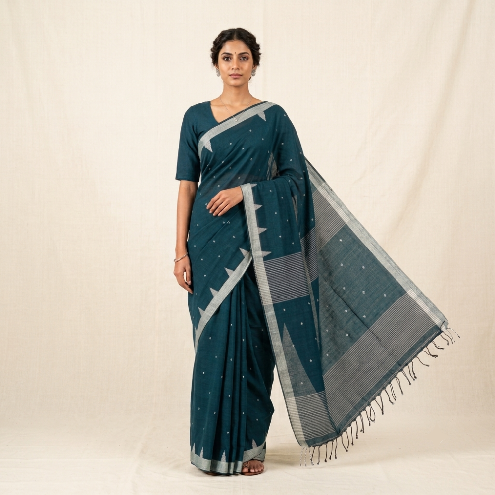 Deep Plum & Silver Accent Handloom Mul Cotton Saree