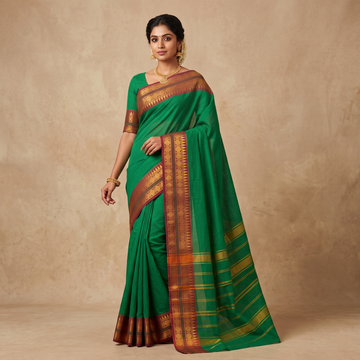 Emerald Green Kanchi Cotton Saree with Maroon-Gold Zari Border