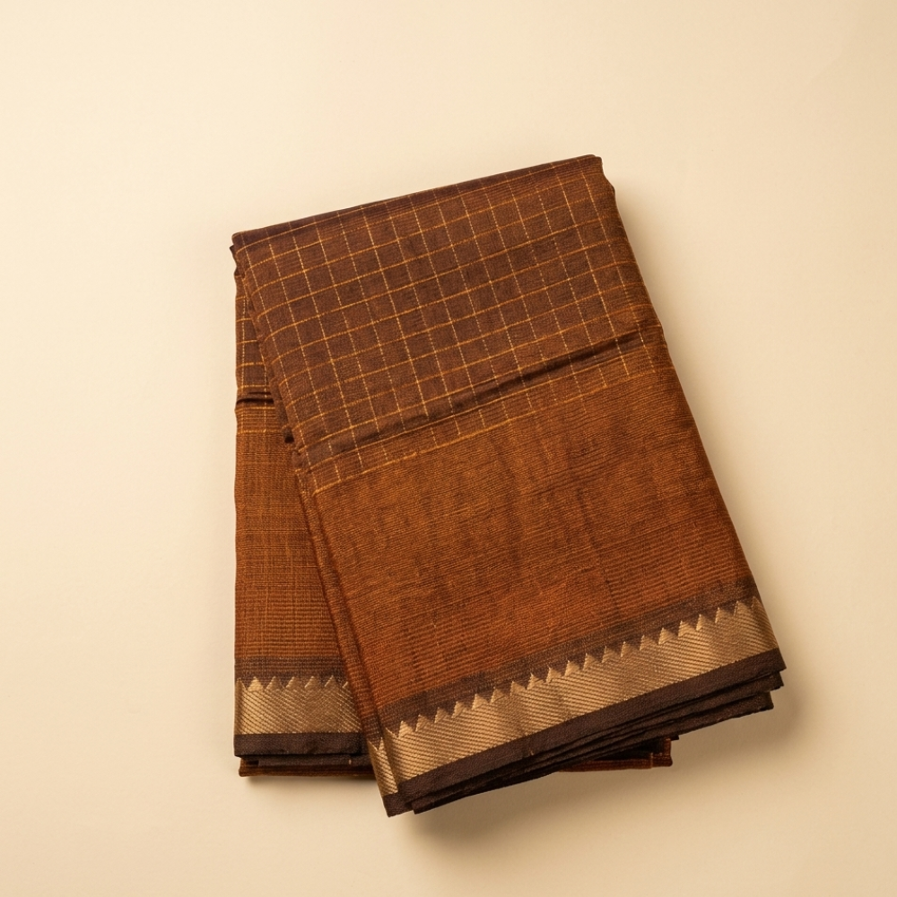 Bronze Colour Mangalgiri Silk Cotton Checked Sarees