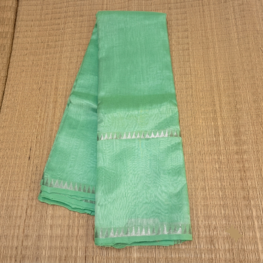 Refreshing Mint Green Handloom Mangalagiri Silk Cotton Saree with Silver Zari Gap Border