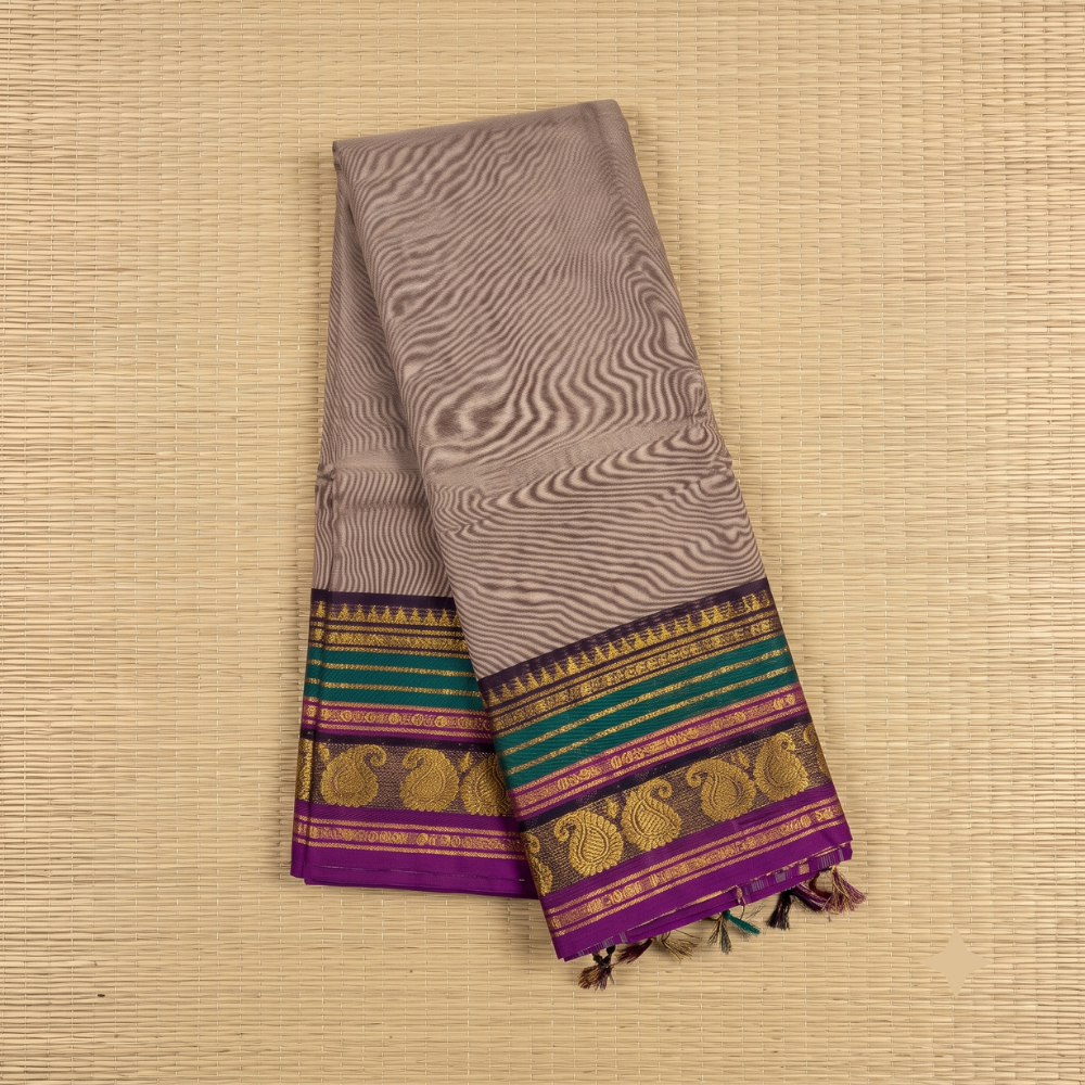 Taupe Brown & Emerald Green Handloom Temple Border Kanchi Cotton Saree