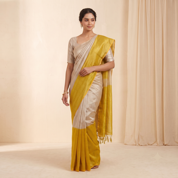 Champagne Gold and Mustard Yellow Handloom Tissue Cotton Saree with Contrast Border