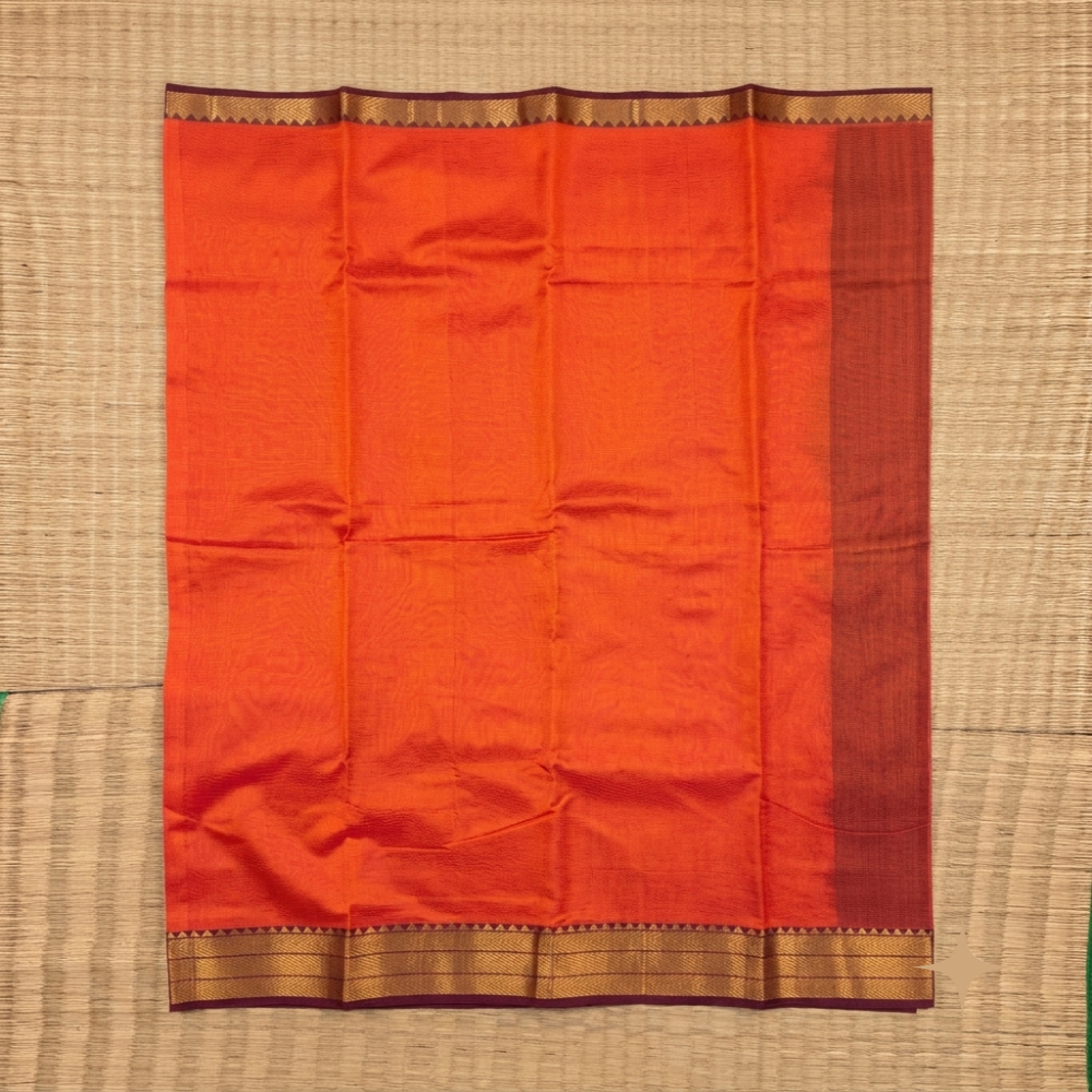 Vibrant Orange & Purple Handloom Mangalagiri Silk Cotton Saree with Golden Zari 50/150 Border  Description:
