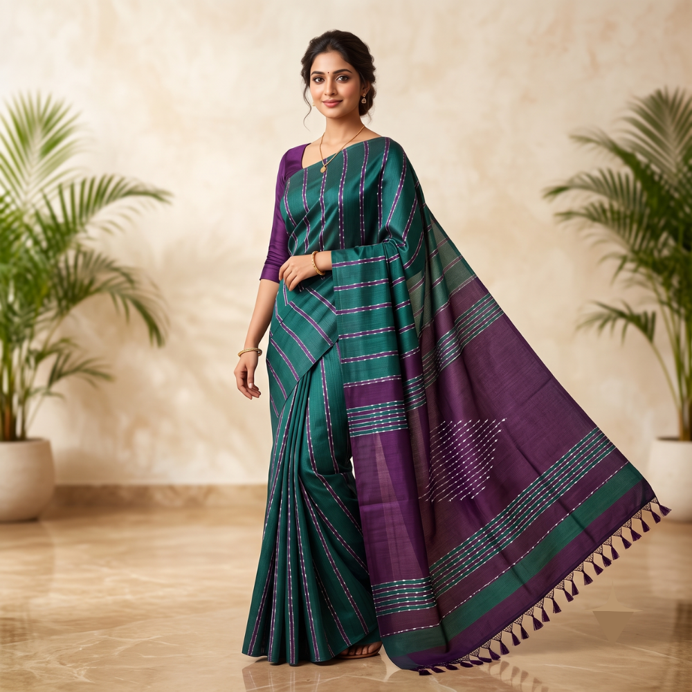 Teal Green & Deep Purple Handloom Handwoven Mangalagiri Silk Cotton Saree