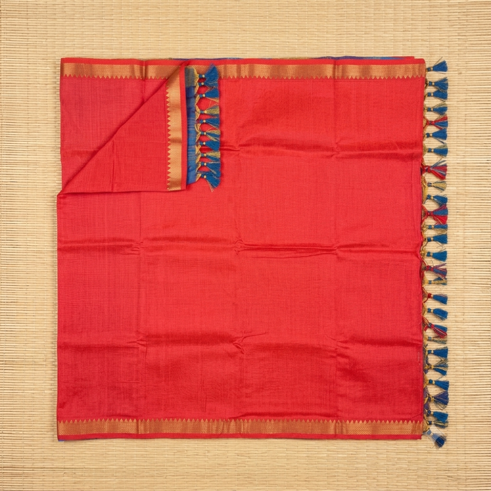Vibrant Red & Purple-Blue Handloom Mangalagiri Silk Cotton Saree with Golden Zari 50 Border