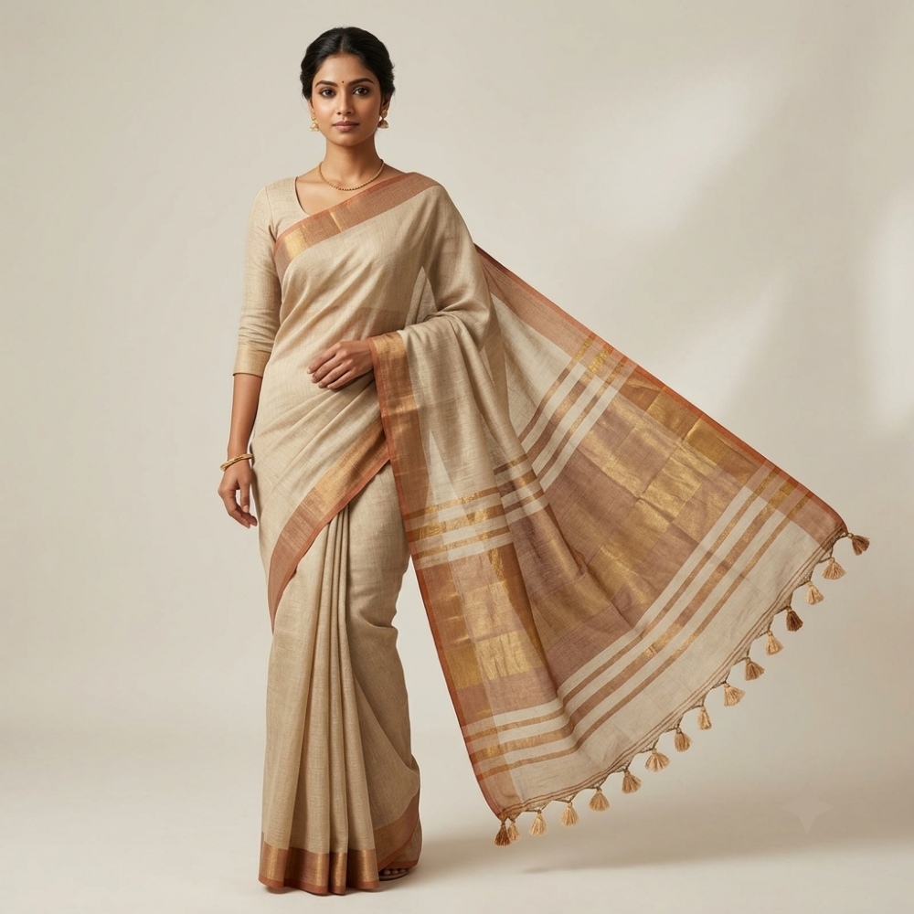 Beige Handloom Linen Cotton Saree with Metallic Zari Stripes and Copper Border