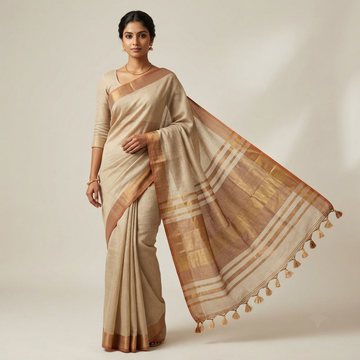 Beige Handloom Linen Cotton Saree with Metallic Zari Stripes and Copper Border