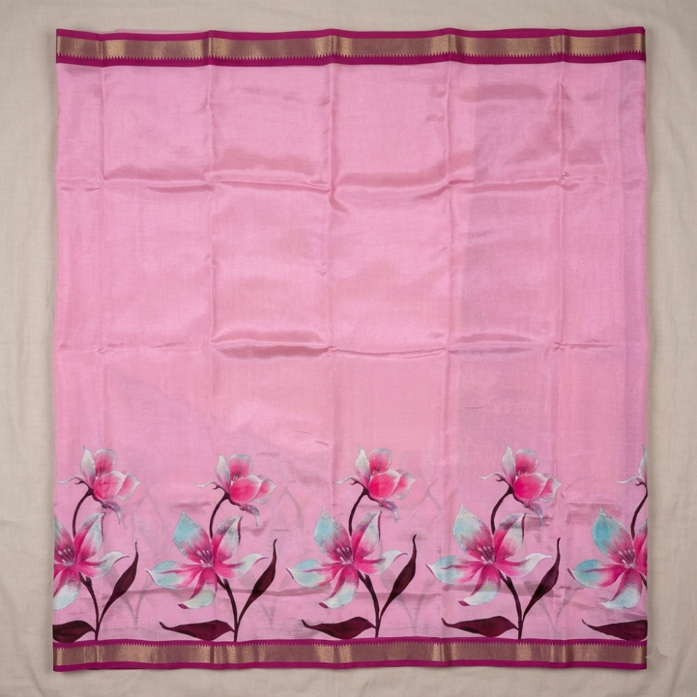 Blush Pink & Deep Wine Hand-Painted Style Lily Floral Mangalagiri Silk Cotton Saree