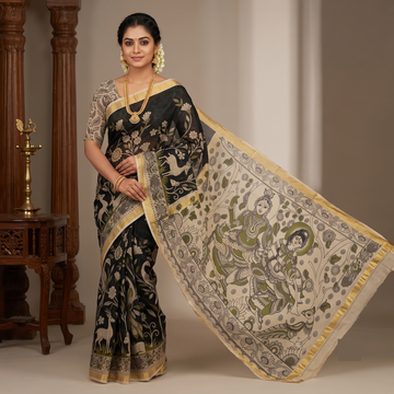 Black Kota Cotton Kalamkari Print Saree