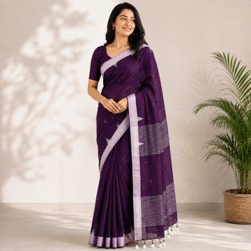Deep Plum & Silver Accent Handloom Mul Cotton Saree