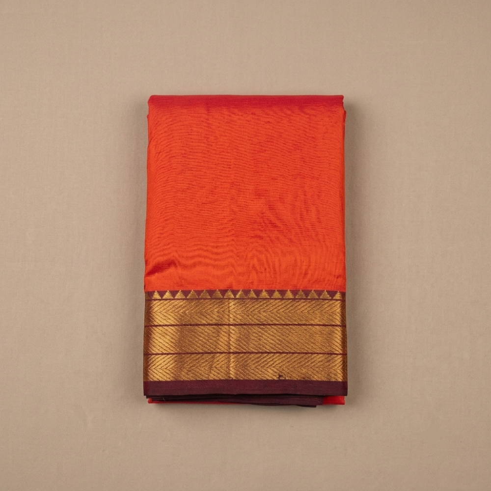 Vibrant Orange & Purple Handloom Mangalagiri Silk Cotton Saree with Golden Zari 50/150 Border  Description:
