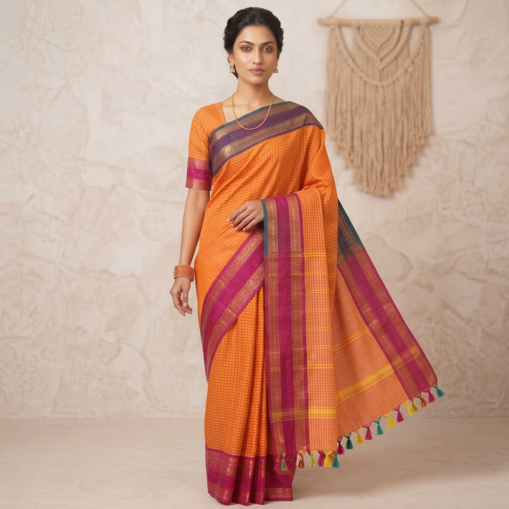 Bright Orange & Magenta Handloom Kanchi Cotton Checked Saree