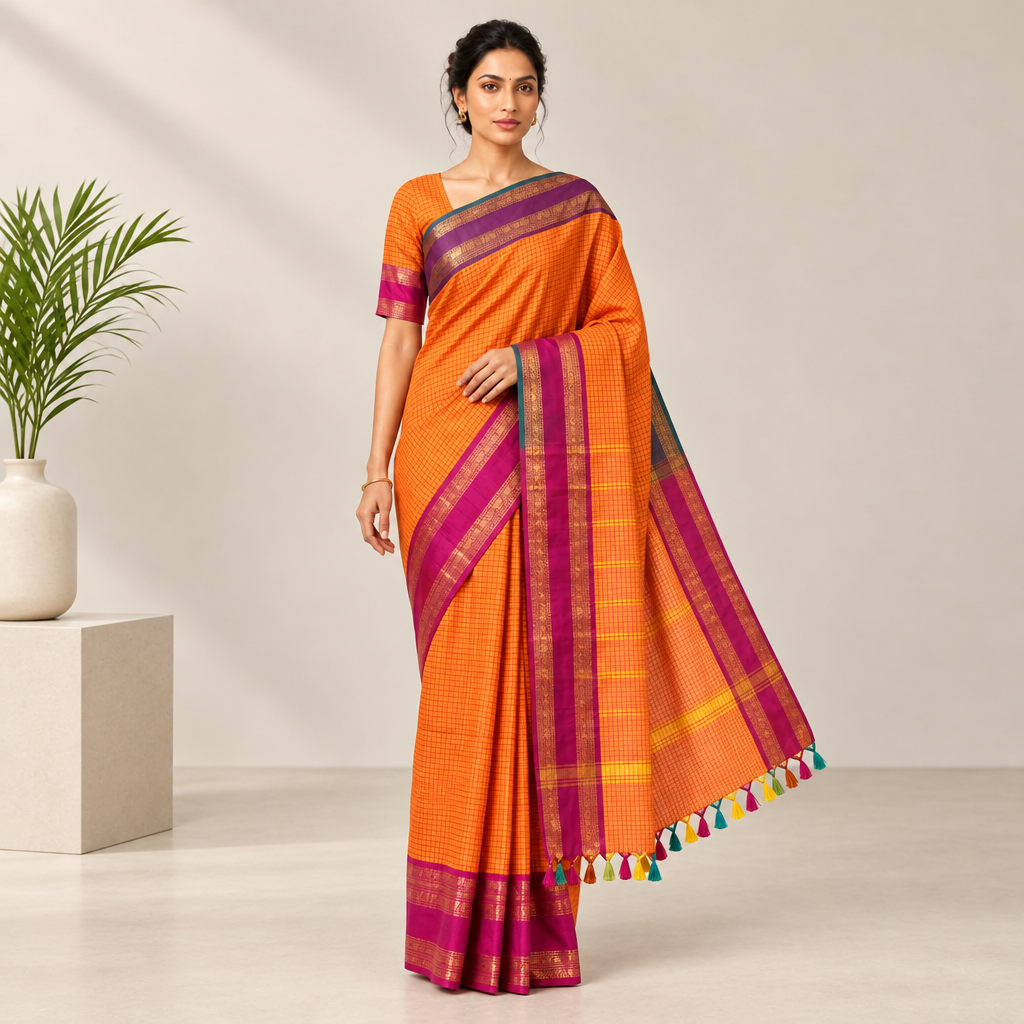 Bright Orange & Magenta Handloom Kanchi Cotton Checked Saree