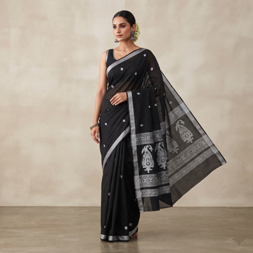 Pure Mul Cotton Saree in Jet Black with Delicate Diamond Buttis & Silver Edge