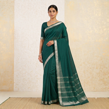 Regal Emerald Green Handloom Mangalagiri Silk Cotton Saree with Silver Zari 50 Border