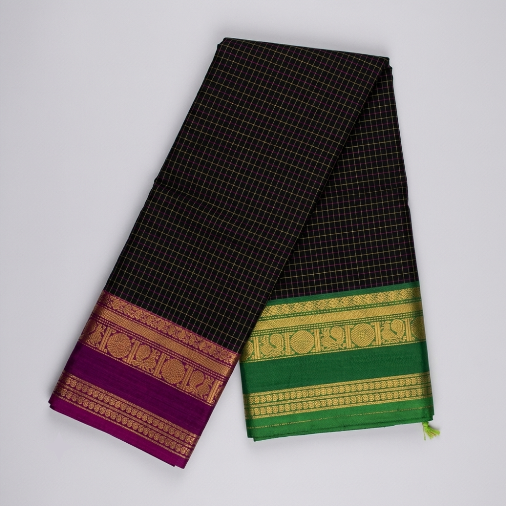 Black Handloom Ganga Jamuna Border Kanchi Cotton Checked Saree
